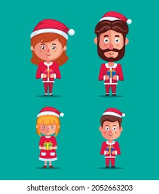 family wear christmas costume holding gift box character set on christmas season illustration vector