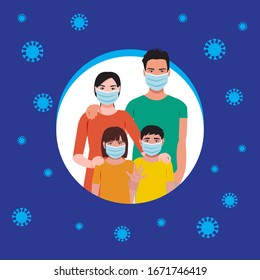 Family wear facial mask to avoid corona virus threat. Flat vector minimalist design 