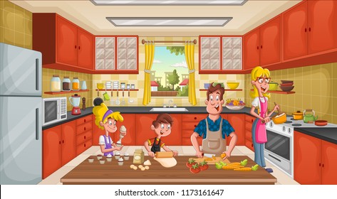 Family wearing apron and cooking. Chef in the kitchen.