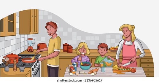 Family wearing apron and cooking. Chef in the kitchen.
