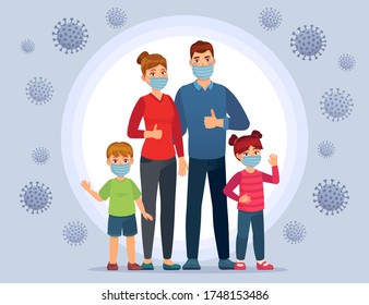 Family wearing Coronavirus protection masks. Face mask for kids, protect child from flu and nCov virus. Healthy family on quarantine for prevent Covid-19 vector illustration. Family in protect mask