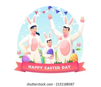 La familia usa disfraces vestidos como conejitos para celebrar el Día de Pascua. Ilustración vectorial de estilo plano