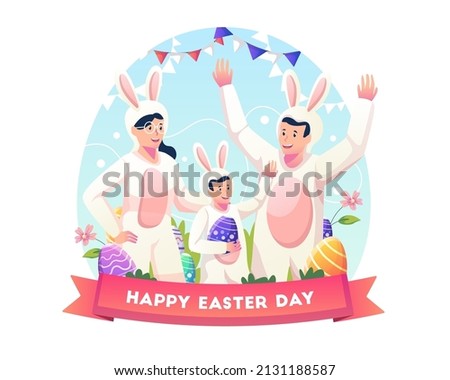 The family wearing costumes dressed up as bunnies to celebrate Easter day. Flat style vector illustration