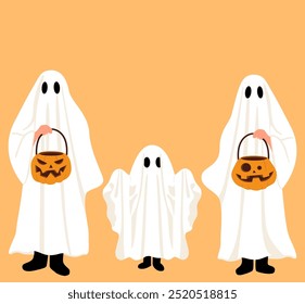 Family wearing costumes posing and having fun, holding carved pumpkin