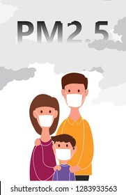 Family wearing a dust mask N95 for protection minute dust PM2.5 on white background with concepts. vector illustration.