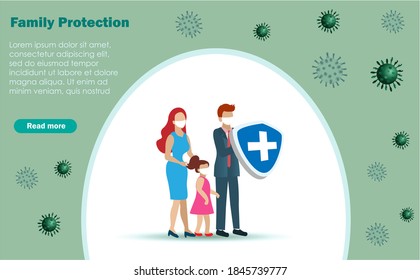 Family wearing face mask. Father holding medical shield protect family and kid from covid-19, coronavirus and diseases. Healthcare and medical insurance concept.