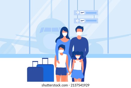 Family wearing face mask and keep distancing, travelling aboard at the airport vector illustration. Covid-19 prevention disease outbreak concept 