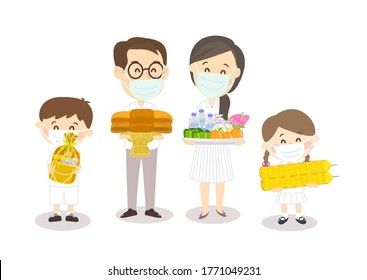 Family wearing face mask offering to Buddhist with Kathin ceremony
