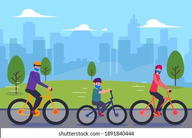 Family wearing face mask riding bikes at park 2D flat vector concept for banner, website, illustration, landing page, flyer, etc.