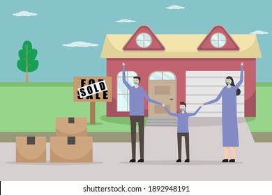 Family wearing face mask with sold sign in front of their house. Real estate vector concept