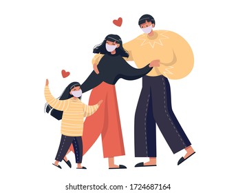 Family wearing face masks during quarantine. Coronavirus prevention. People wearing medical masks.
Measures to prevent the spread of infection. Vector stock illustration.