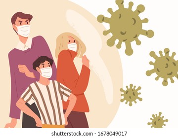 Family wearing face masks. Man, woman and child fight with respiratory disease outbreak. Virus preventive measures. Coronavirus epidemic, pandemic protection. Vector illustration in flat cartoon style