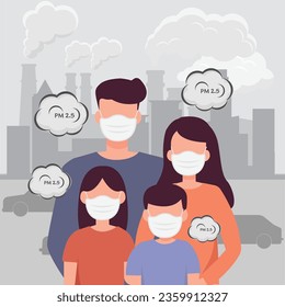 Family wearing face masks  protect smoke, dust and air pollution in city, factory pipes and industrial smog vector illustration.