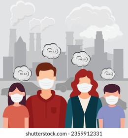 Family wearing face masks  protect smoke, dust and air pollution in city, factory pipes and industrial smog vector illustration.