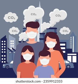Family wearing face masks  protect smoke, dust and air pollution in city, factory pipes and industrial smog vector illustration.
