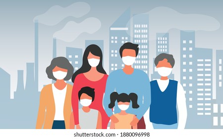 Family wearing face masks tor protect smoke, dust and air pollution in city, factory pipes and industrial smog vector illustration. Environment and air pollution concept background