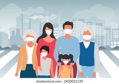 Family wearing face masks tor protect smoke, dust and air pollution in city, factory pipes and industrial smog vector illustration. Environment and air pollution concept background