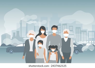 Family wearing face masks tor protect smoke, pm 2.5, dust and air pollution in city, factory pipes and industrial smog vector illustration. Environmen