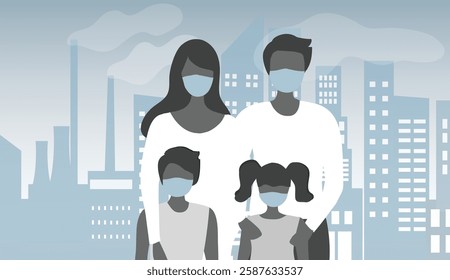  Family wearing face masks tor protect P.M. 2.5 smoke, dust and air pollution in city, factory pipes and industrial smog vector illustration. Environment and air pollution concept background