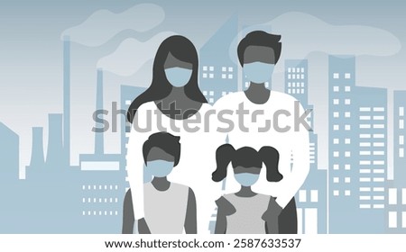  Family wearing face masks tor protect P.M. 2.5 smoke, dust and air pollution in city, factory pipes and industrial smog vector illustration. Environment and air pollution concept background