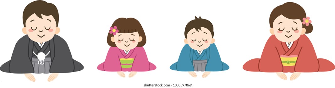 Family wearing kimono bow deeply