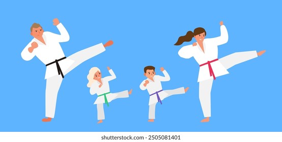 family wearing kimono karate kick training together vector illustration