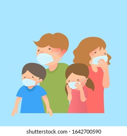 Family wearing masks illustration.White background.