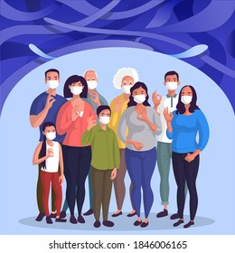 Family wearing masks. Older, middle-aged, younger kids wearing masks to help prevent the spread of coronavirus during a pandemic. Diverse group of people looking at the camera with a blue background.