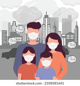 familia con máscaras para protegerse del humo del aire de la ciudad caricatura de la contaminación de los coches vectores ilustración plana.