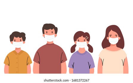 Family wearing medical mask, Healthy and safe from coronavirus, coronavirus protection, PM 2.5, air pollution, step to wearing medical mask, vector illustration