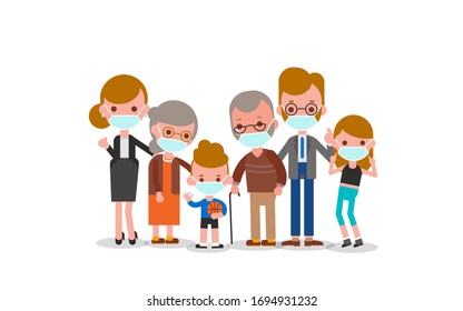 Family wearing Medical mask to prevent infection from spreading of Covid-19 Virus. Vector cartoon illustration in flat design style.