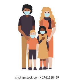 family wearing medical mask for prevent virus Covid-19. Dad mom son daughter wearing a medical mask. Safe family trip.