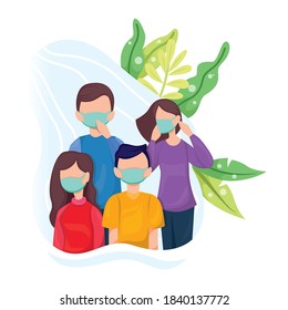 Family wearing medical masks to prevent disease, flu, air pollution. coronavirus prevention, flat style design isolated on white background