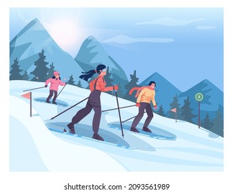 Family wearing an outerwear skiing. Skiing characters, mom, dad and kid sliding downhill. Winter outdoor activity. Flat vector illustration