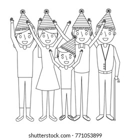 family wearing party hat with arms up birthday celebration