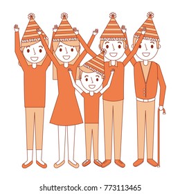 family wearing party hat with arms up birthday celebration