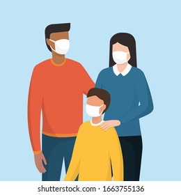 Family wearing a protective face mask, coronavirus covid-19 prevention 