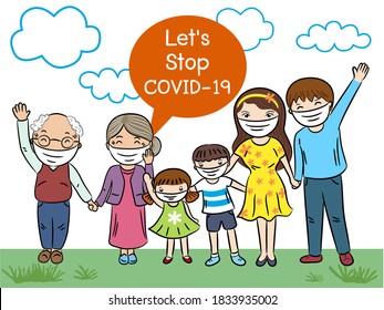 family wearing protective face mask for prevent coronavirus Covid-19.Dad Mom Daughter Son granfather grandmather wearing a face mask.vector illustration