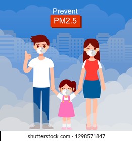 family wearing protective mask before go outdoor .Dust mask N95 prevent PM2.5 , Air pollution concepts vector illustration.