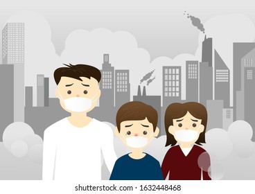 Family wearing protective mask before go outdoor With a building backdrop and smoke dusts  floating in the air .Dust mask N95 prevent PM2.5 , Air pollution concepts vector illustration.