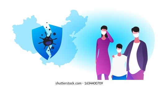 family wearing protective masks to prevent epidemic MERS-CoV virus concept wuhan coronavirus 2019-nCoV pandemic medical health risk broken shield chinese map background portrait horizontal vector