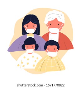 Family wearing protective medical face mask. Dad Mom Daughter and Son wearing a surgical mask.