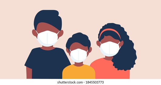 Family wearing protective medical face masks to prevent disease. Vector illustration