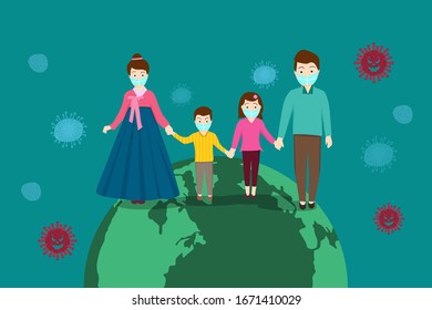 family wearing protective Medical mask for prevent virus Wuhan Covid-19