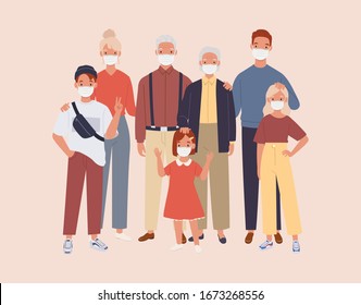 family wearing protective Medical mask for prevent virus and Air Pollution. Vector illustration in a flat style