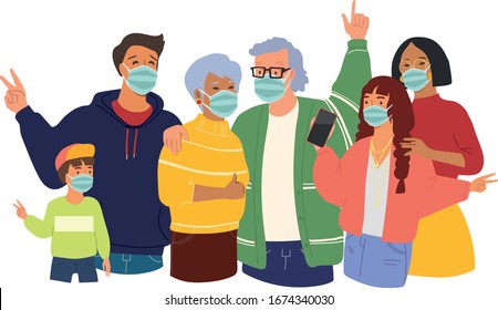 Family wearing protective medical mask for prevent virus. Coronovirus Precautions. Elderly in a risk zone.