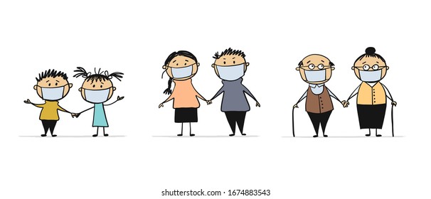 Family wearing protective Medical mask for prevent virus. Dad Mom Daughter Son wearing a surgical mask. Vector illustration