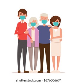 Family wearing protective Medical mask for prevent virus. Surgical mask. Virus protection.