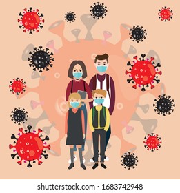 family wearing protective Medical mask for prevent virus Wuhan Covid-19.Dad Mom Daughter Son wearing a surgical mask.