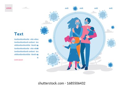 Familie mit Schutzmaske gegen das Virus Covid-19. Vektorillustration Illustration für Web-Banner, Infografiken, mobil . Coronavirus
  Papa Mama Daughter Son trägt eine chirurgische Maske. 